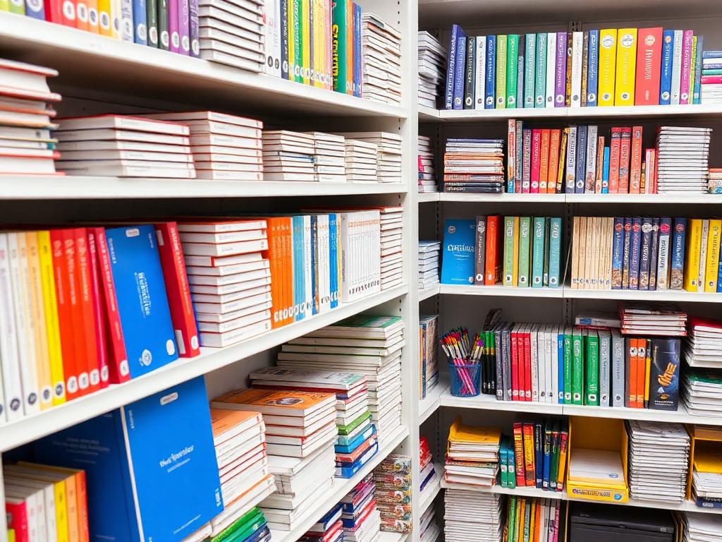 Shelves of exercise books, textbooks and stationery in the book centre
